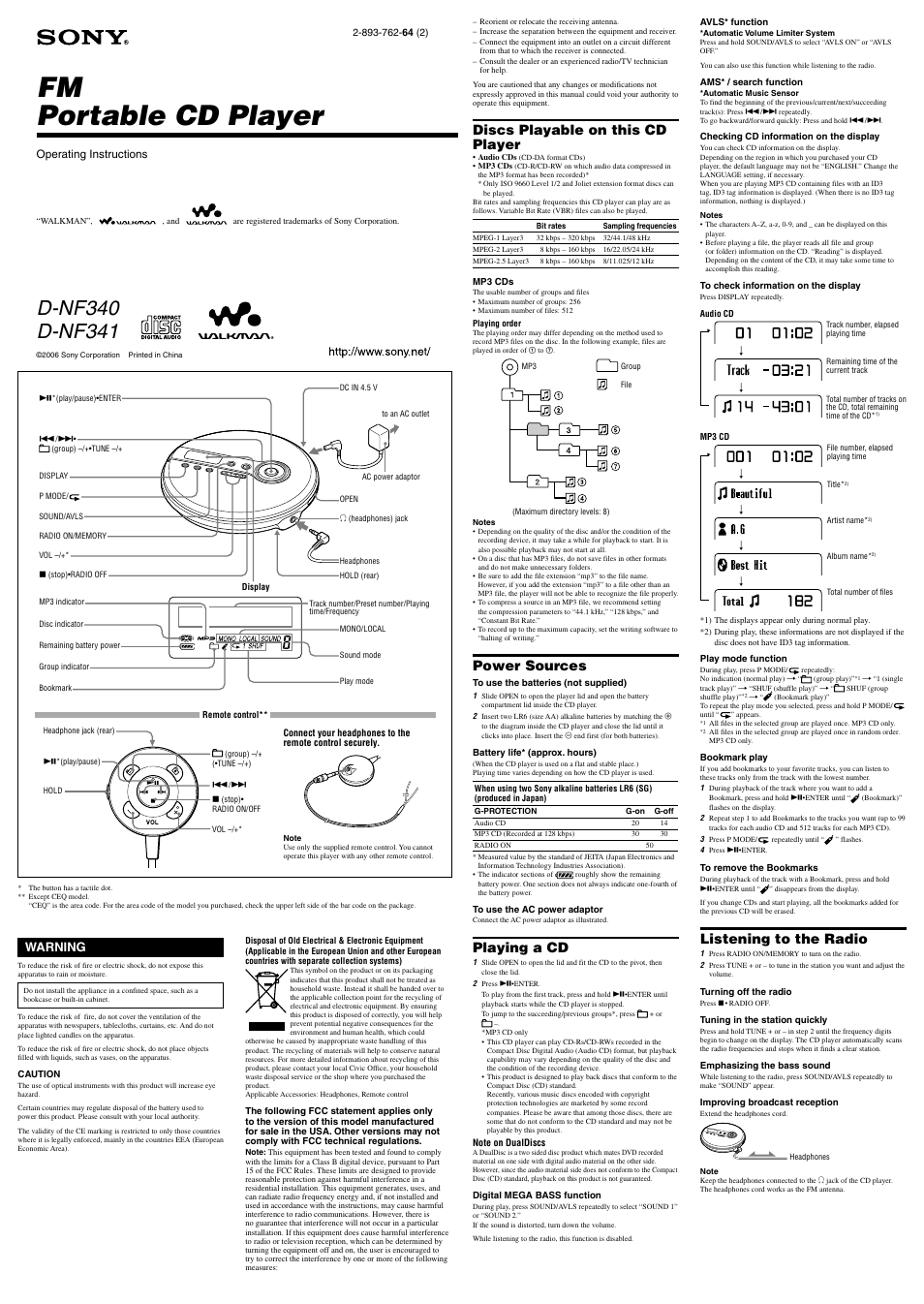 Sony D-NF341 User Manual | 2 pages