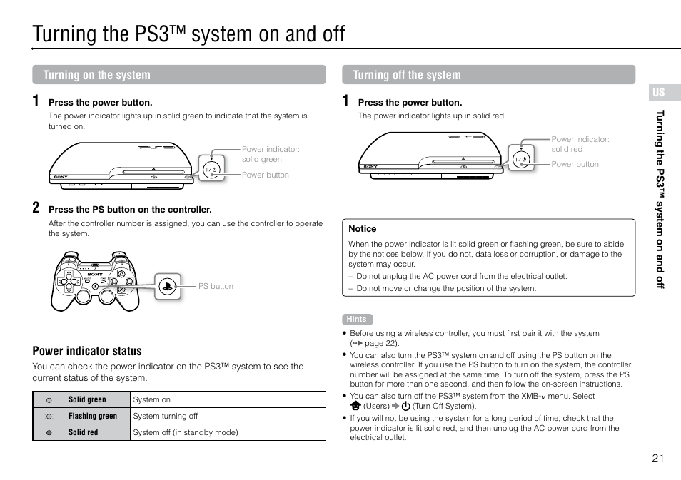 Turning the ps3™ system on and off | Sony PlayStation 3 (Uncharted: Drake's Fortune Limited Edition Bundle) User Manual | Page 21 / 120
