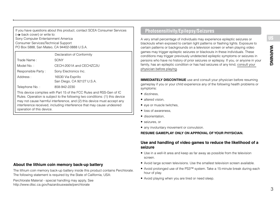 Photosensitivity/epilepsy/seizures | Sony PlayStation 3 (Uncharted: Drake's Fortune Limited Edition Bundle) User Manual | Page 3 / 120
