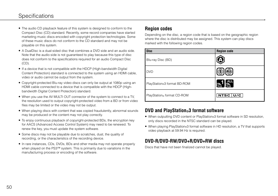 Specifications, Region codes, Dvd and playstation | 3 format software, Dvd-r/dvd-rw/dvd+r/dvd+rw discs | Sony PlayStation 3 (Uncharted: Drake's Fortune Limited Edition Bundle) User Manual | Page 50 / 120