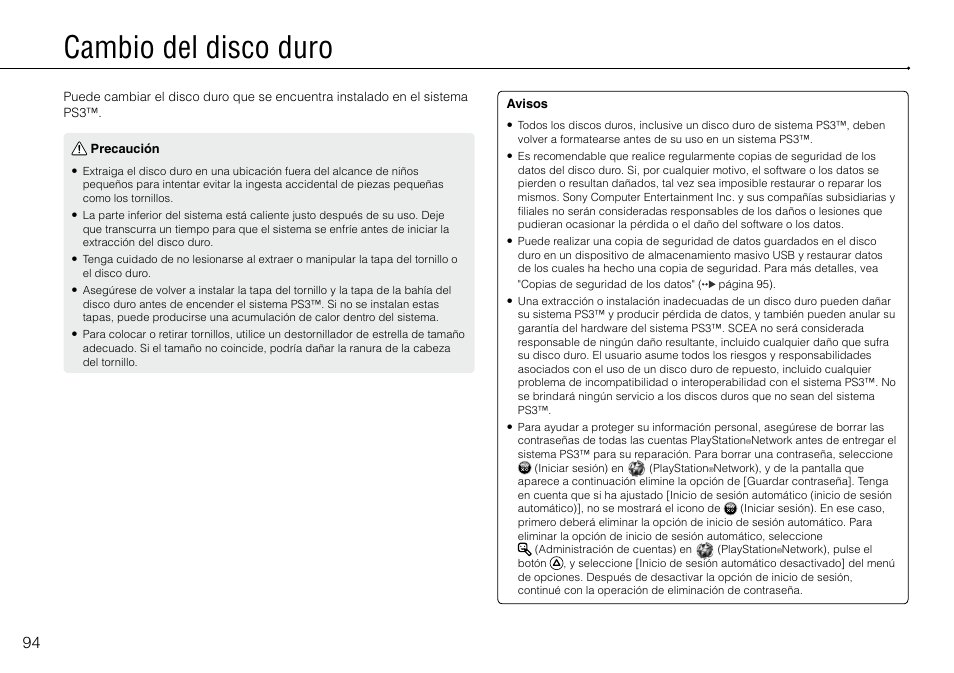 Cambio.del.disco.duro, Cambio del disco duro | Sony PlayStation 3 (Uncharted: Drake's Fortune Limited Edition Bundle) User Manual | Page 94 / 120