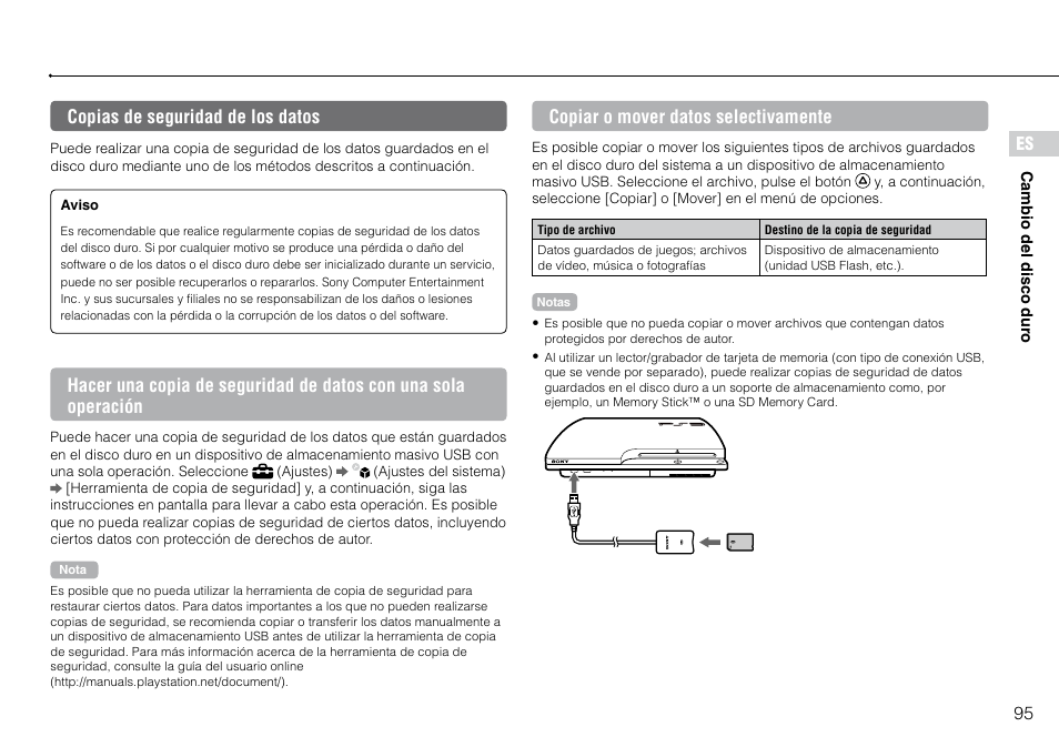 Copias.de.seguridad.de.los.datos, 95 es, Copias de seguridad de los datos | Copiar o mover datos selectivamente | Sony PlayStation 3 (Uncharted: Drake's Fortune Limited Edition Bundle) User Manual | Page 95 / 120