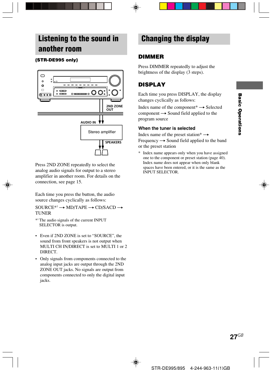 Changing the display, Listening to the sound in another room, Dimmer | Display | Sony STR-DE895 User Manual | Page 27 / 76