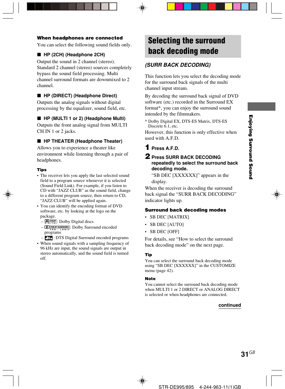 Selecting the surround back decoding mode, Surr back decoding) | Sony STR-DE895 User Manual | Page 31 / 76
