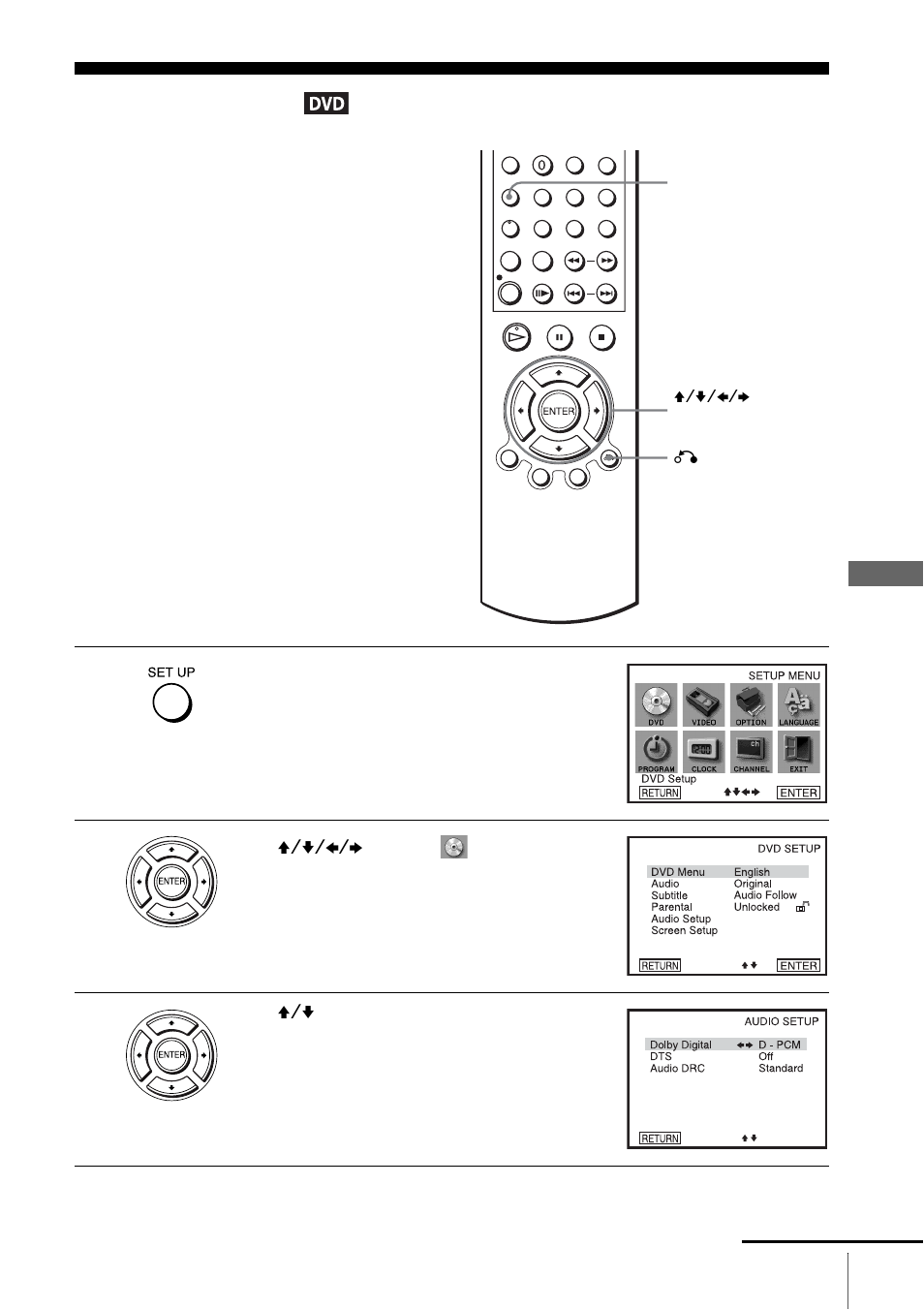 Dvd settings and adjustments, Audio setup | Sony SLV-D500P User Manual | Page 59 / 120