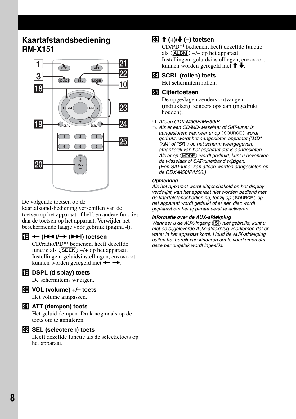 Kaartafstandsbediening rm-x151, 3ws q; 1 wf qk ql wa w; wg wd | Sony CDX-M50IP User Manual | Page 104 / 144