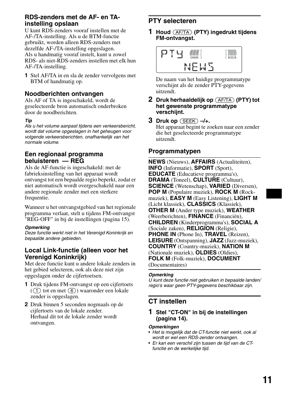 Pty selecteren, Ct instellen, Pty selecteren ct instellen | Sony CDX-M50IP User Manual | Page 107 / 144