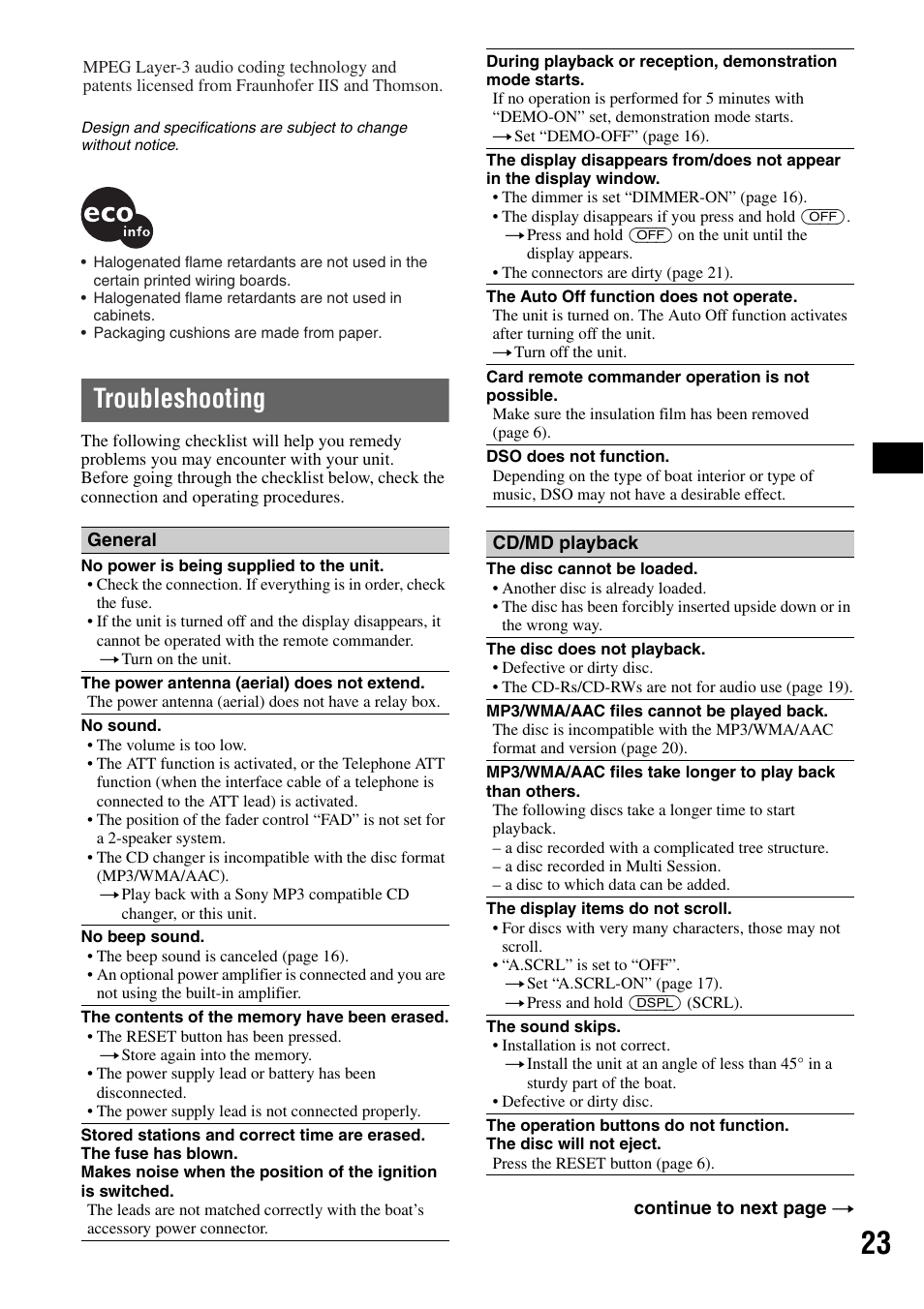 Troubleshooting | Sony CDX-M50IP User Manual | Page 23 / 144