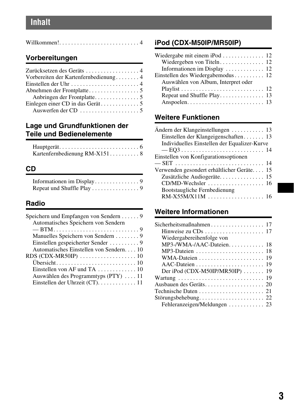 Inhalt | Sony CDX-M50IP User Manual | Page 75 / 144