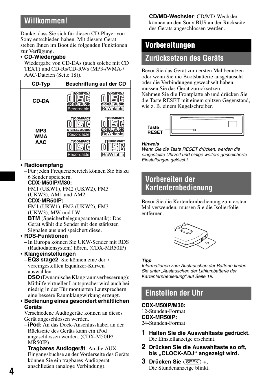 Willkommen, Vorbereitungen, Zurücksetzen des geräts | Vorbereiten der kartenfernbedienung, Einstellen der uhr, Vorbereitungen zurücksetzen des geräts | Sony CDX-M50IP User Manual | Page 76 / 144