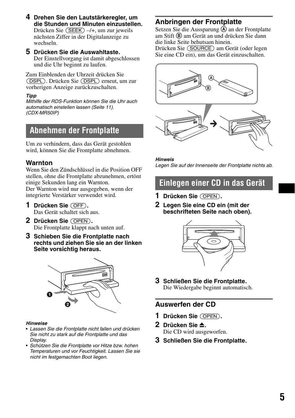 Abnehmen der frontplatte, Anbringen der frontplatte, Einlegen einer cd in das gerät | Auswerfen der cd | Sony CDX-M50IP User Manual | Page 77 / 144