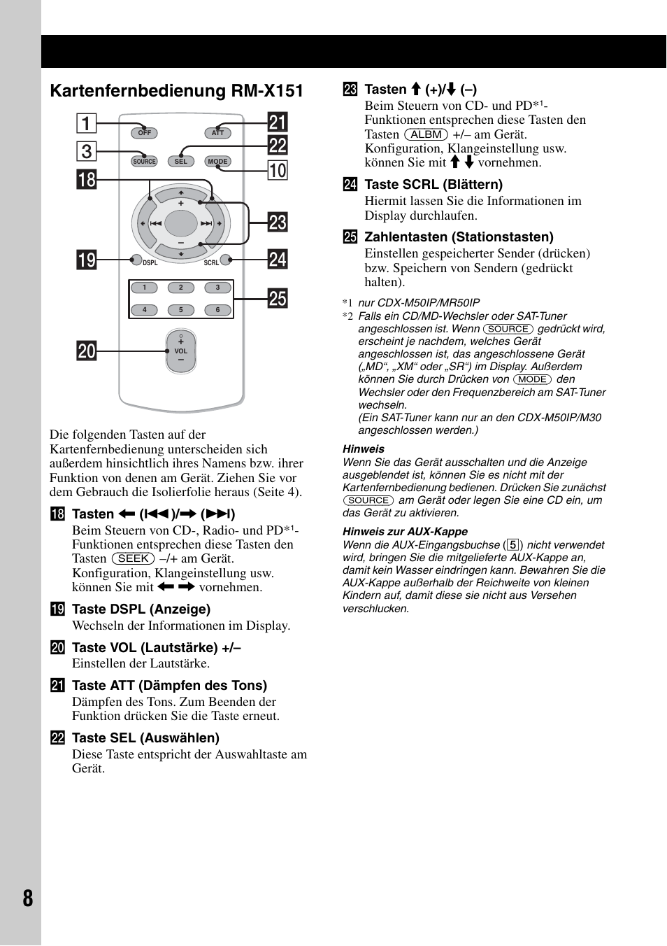 Kartenfernbedienung rm-x151, 3ws q; 1 wf qk ql wa w; wg wd | Sony CDX-M50IP User Manual | Page 80 / 144