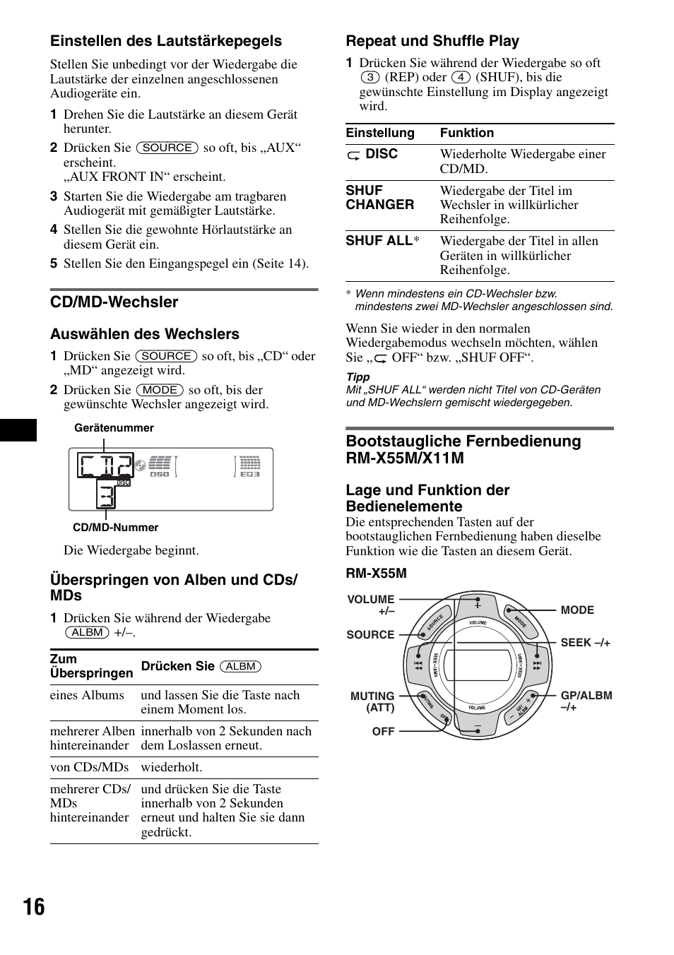 Cd/md-wechsler, Bootstaugliche fernbedienung rm-x55m/x11m, En (seite 16) | Sony CDX-M50IP User Manual | Page 88 / 144