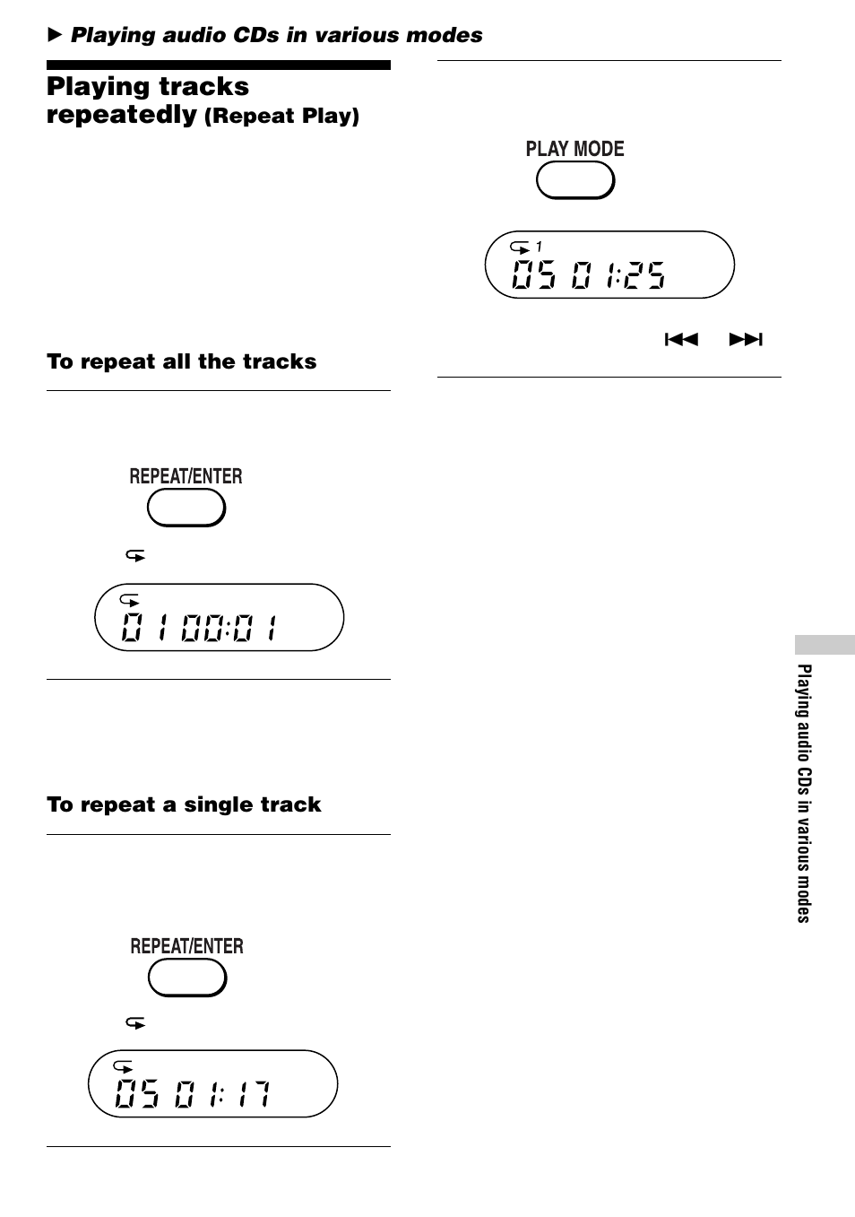 Playing audio cds in various modes, Playing tracks repeatedly (repeat play), Playing tracks repeatedly | Sony D-VJ85 User Manual | Page 21 / 36