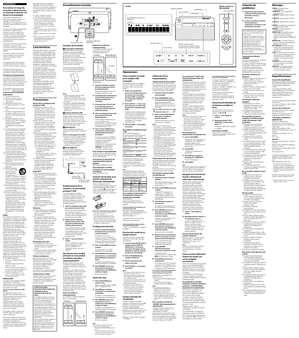 Características, Precauciones, Procedimientos iniciales | Solución de problemas, Operaciones, Mensajes, Especificaciones | Sony S-AIR AIR-SA50R User Manual | Page 2 / 2