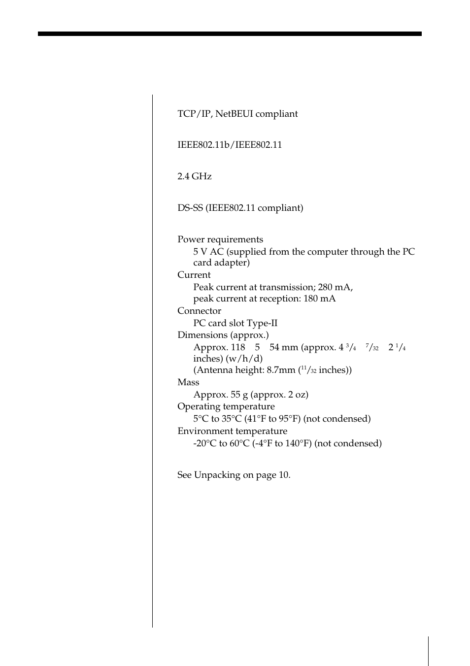 Specifications, Protocol support, Standard | Radio frequency, Modulation method, General, Supplied accessories | Sony PCWA-C100 User Manual | Page 57 / 68