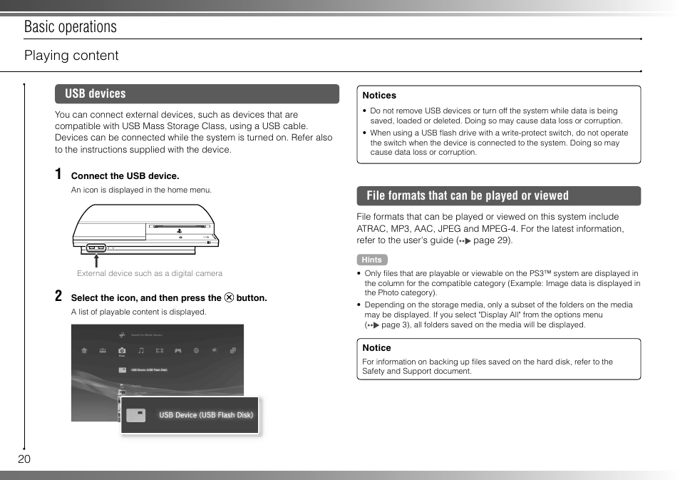 Basic operations, Playing content | Sony 80GB Playstation 3 CECHL01 User Manual | Page 20 / 100