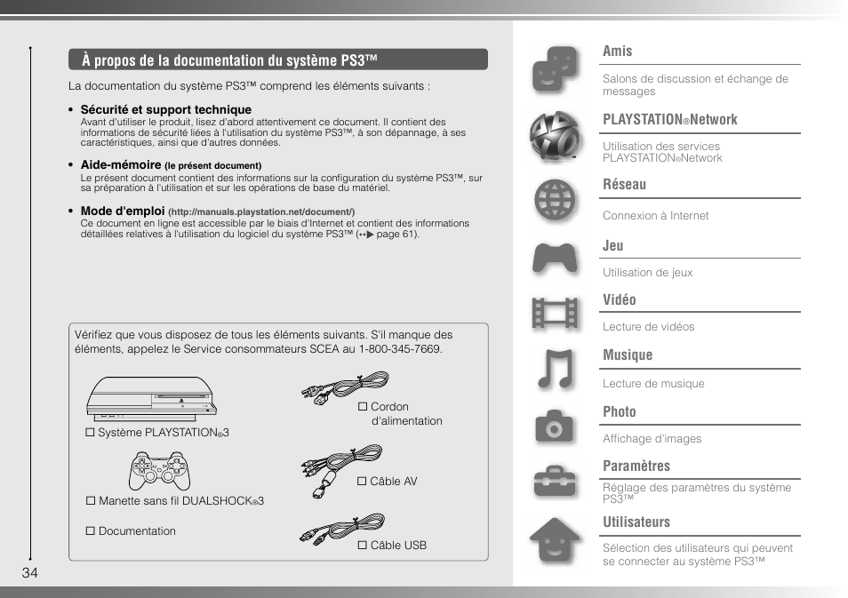 34 à propos de la documentation du système ps3, Amis, Playstation | Network, Réseau, Vidéo, Musique, Photo, Paramètres, Utilisateurs | Sony 80GB Playstation 3 CECHL01 User Manual | Page 34 / 100