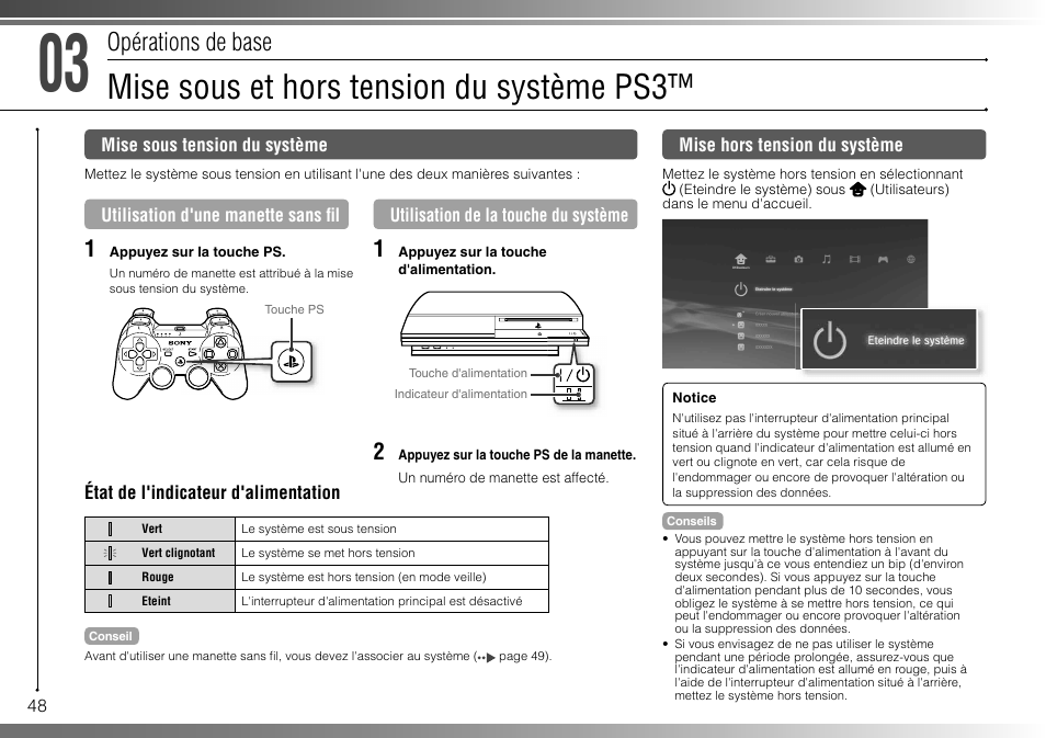 Mise sous et hors tension du système ps3, Opérations de base | Sony 80GB Playstation 3 CECHL01 User Manual | Page 48 / 100