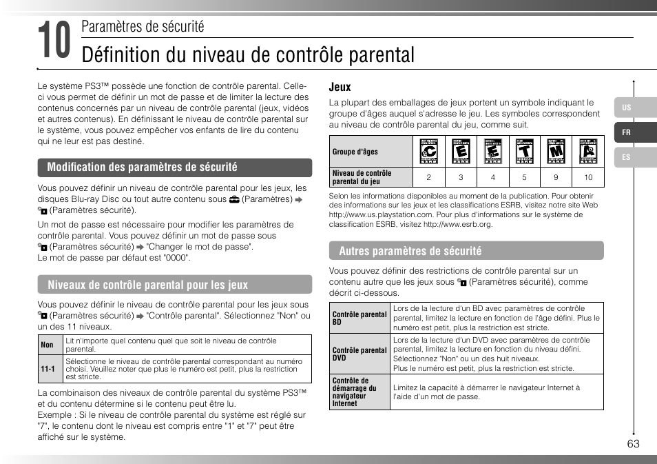 Défi nition du niveau de contrôle parental, Paramètres de sécurité | Sony 80GB Playstation 3 CECHL01 User Manual | Page 63 / 100