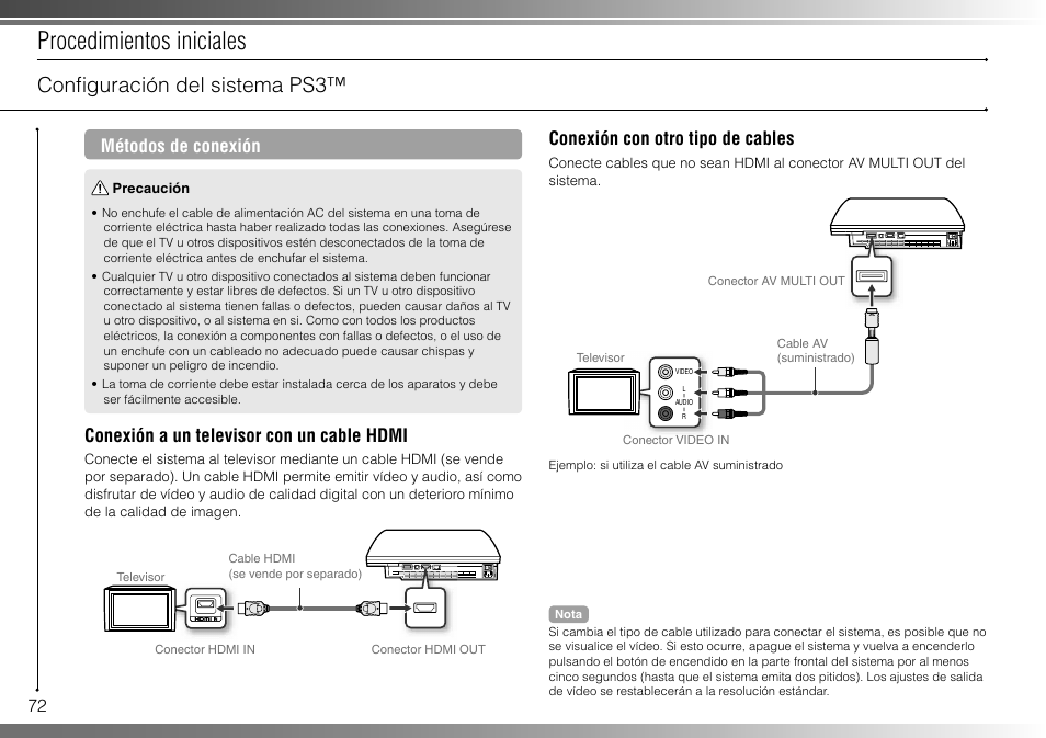 Procedimientos iniciales, Confi guración del sistema ps3, Métodos de conexión | Conexión a un televisor con un cable hdmi, Conexión con otro tipo de cables | Sony 80GB Playstation 3 CECHL01 User Manual | Page 72 / 100