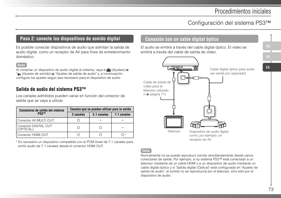 Procedimientos iniciales, Confi guración del sistema ps3, Paso 2: conecte los dispositivos de sonido digital | Salida de audio del sistema ps3, Conexión con un cable digital óptico | Sony 80GB Playstation 3 CECHL01 User Manual | Page 73 / 100