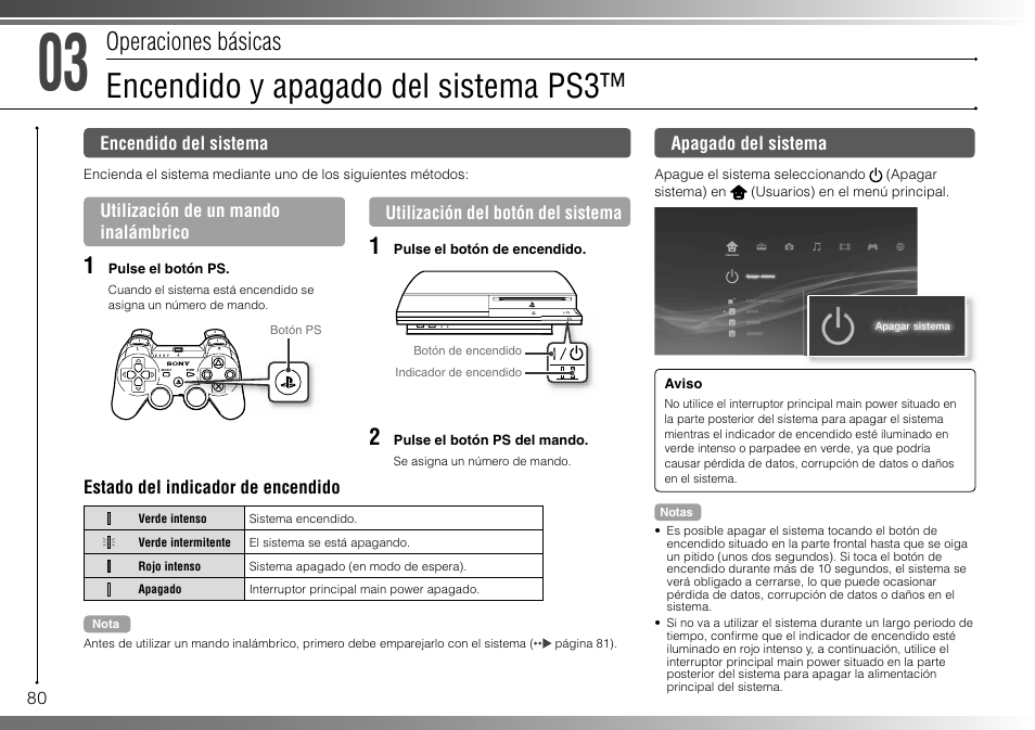 Encendido y apagado del sistema ps3, Operaciones básicas | Sony 80GB Playstation 3 CECHL01 User Manual | Page 80 / 100