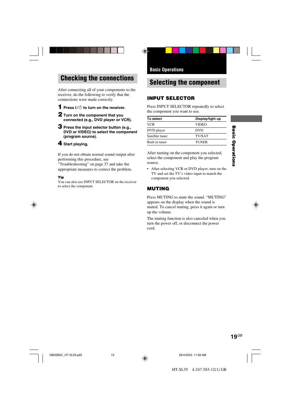 Selecting the component, Checking the connections | Sony HT-SL40 User Manual | Page 19 / 44