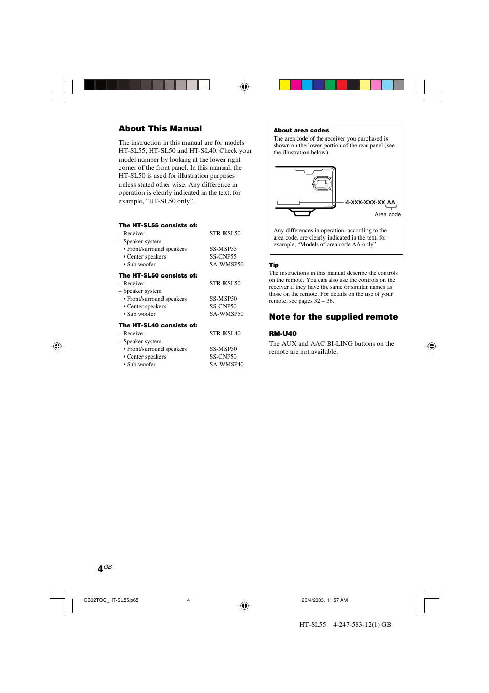 About this manual | Sony HT-SL40 User Manual | Page 4 / 44