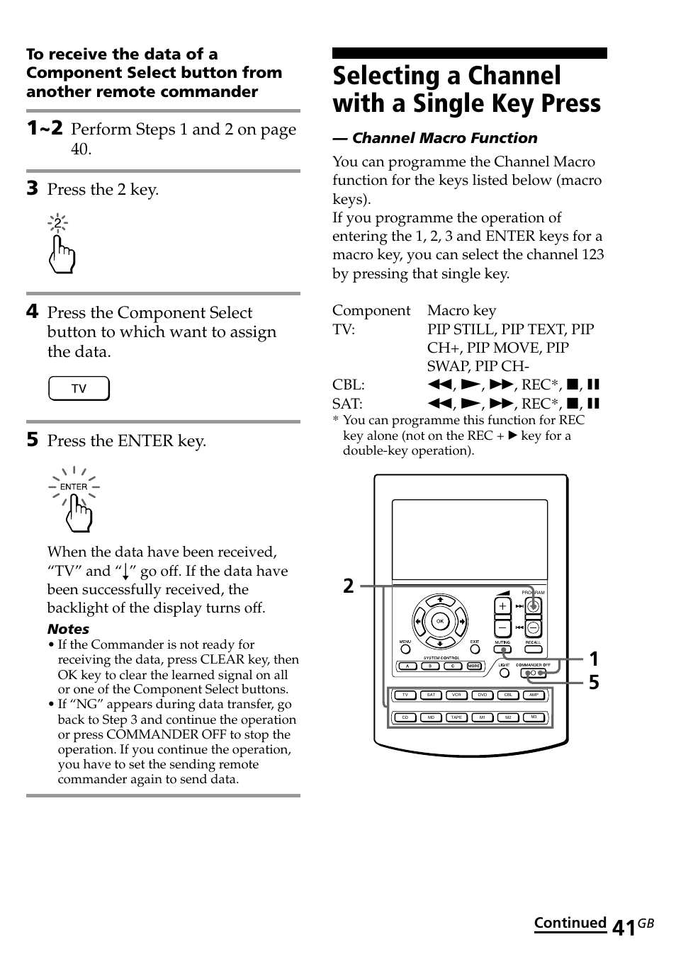 Selecting a channel with a single key press, Perform steps 1 and 2 on page 40, Press the 2 key | Press the enter key | Sony RM-AV2500T User Manual | Page 41 / 140