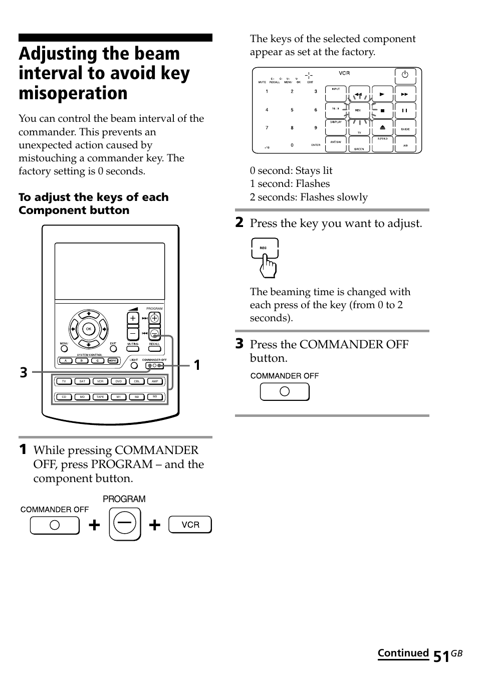 Otecting your settings — preset lock function, Press the key you want to adjust, Press the commander off button | Continued | Sony RM-AV2500T User Manual | Page 51 / 140