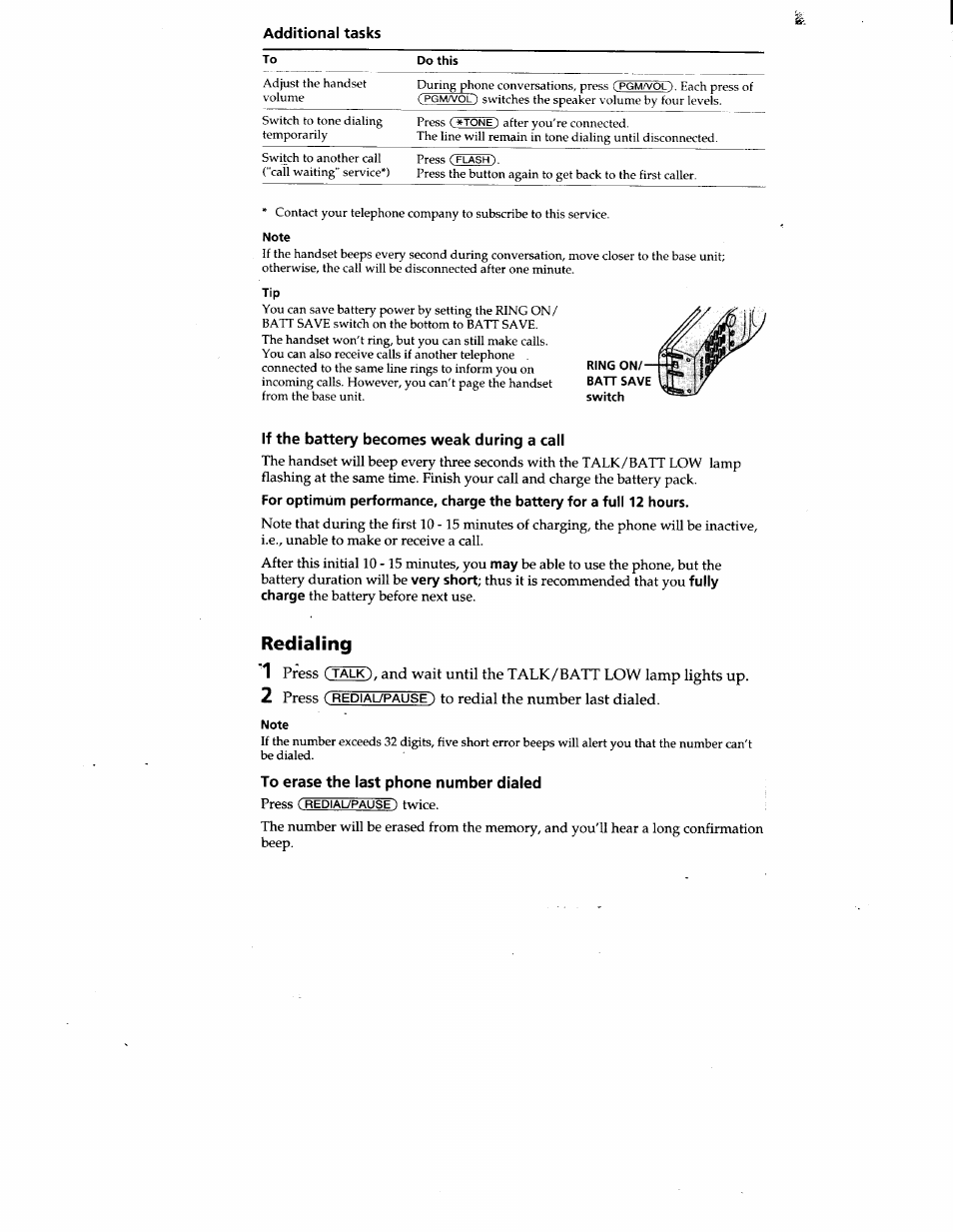 If the battery becomes weak during a call, To erase the last phone number dialed, Redialing 1 | Sony SPP-SS950 User Manual | Page 11 / 16