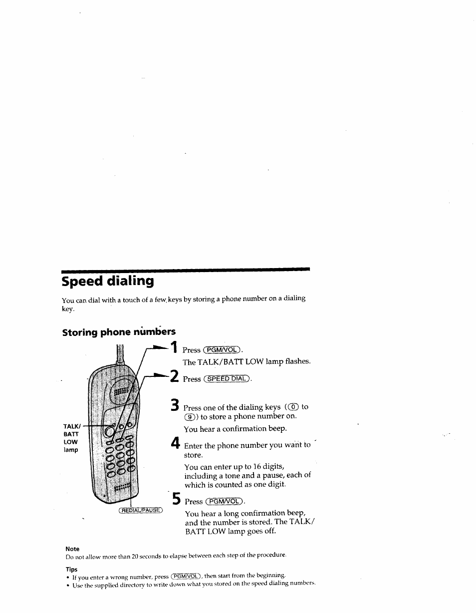 Speed dialing, Storing phone numbers | Sony SPP-SS950 User Manual | Page 12 / 16