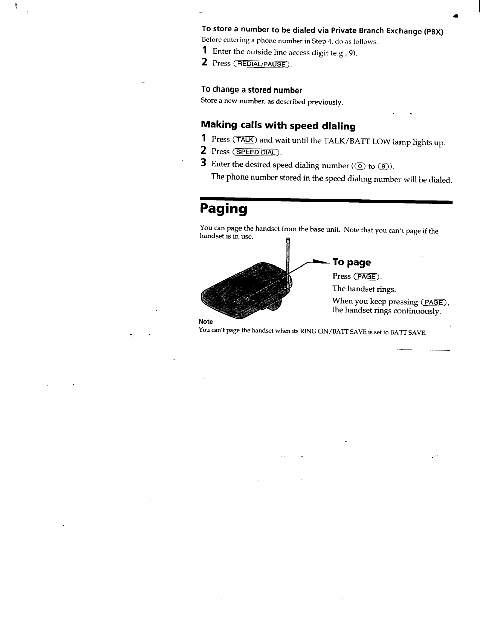 To change a stored number, Making calls with speed dialing, Paging | Making calls with speed dialing 1 | Sony SPP-SS950 User Manual | Page 13 / 16