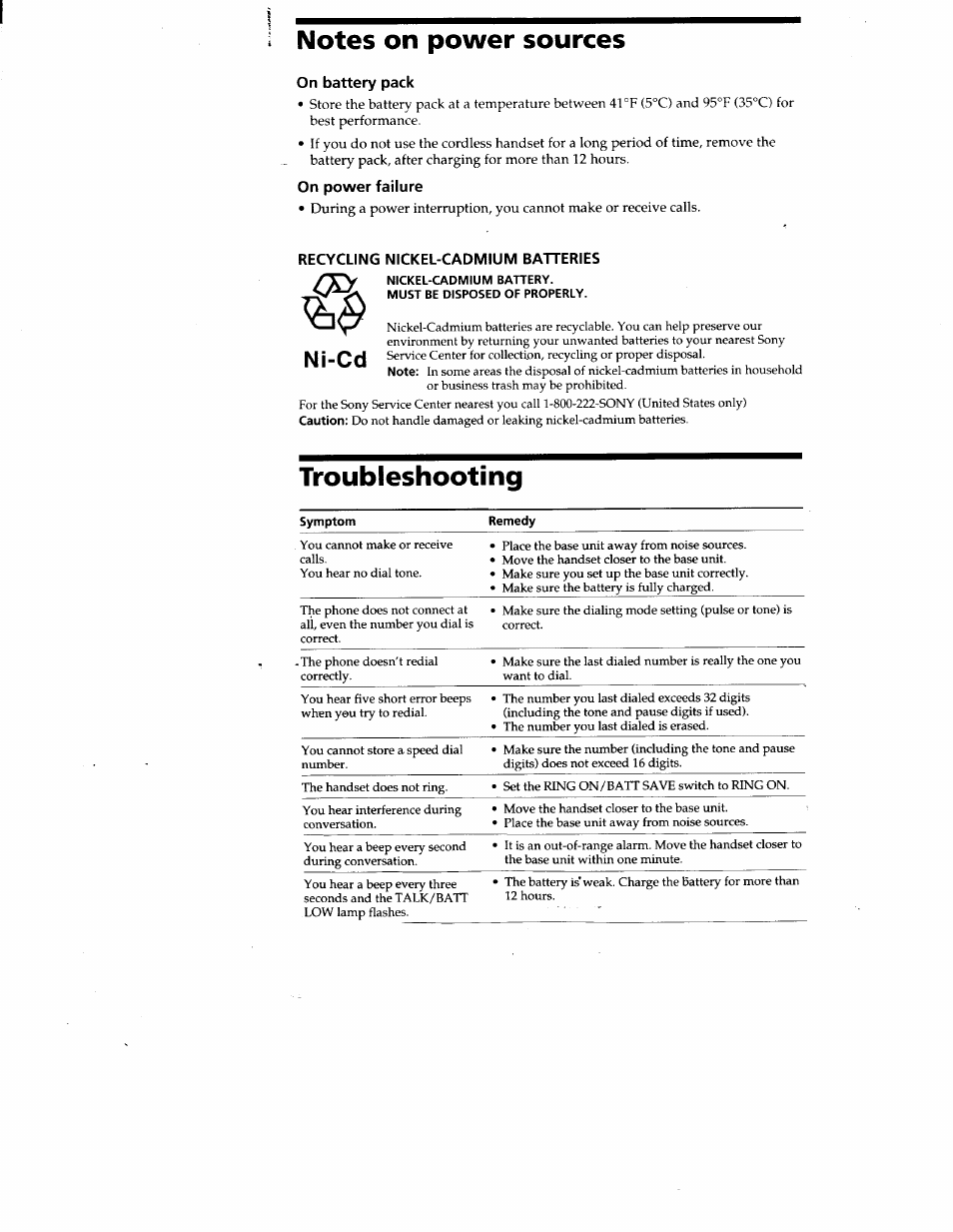 On battery pack, On power failure, Troubleshooting | Ni-cd | Sony SPP-SS950 User Manual | Page 15 / 16