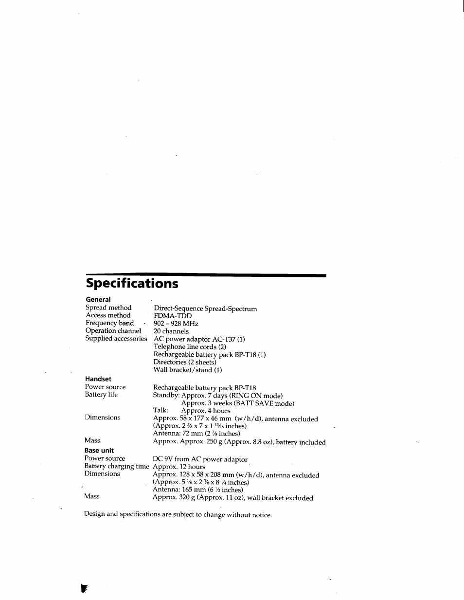 General, Handset, Specifications | Sony SPP-SS950 User Manual | Page 16 / 16