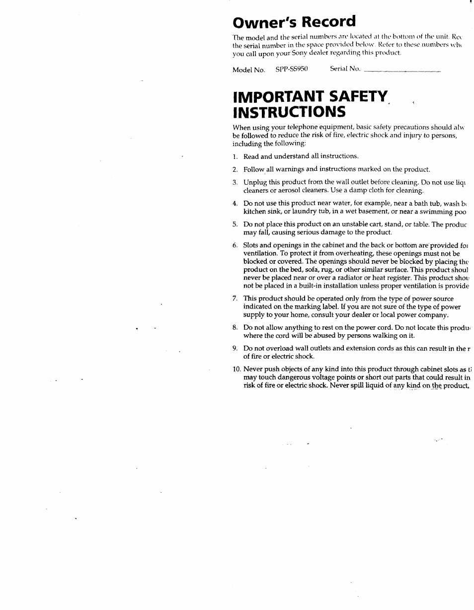 Owner's record, Important safety instructions | Sony SPP-SS950 User Manual | Page 3 / 16