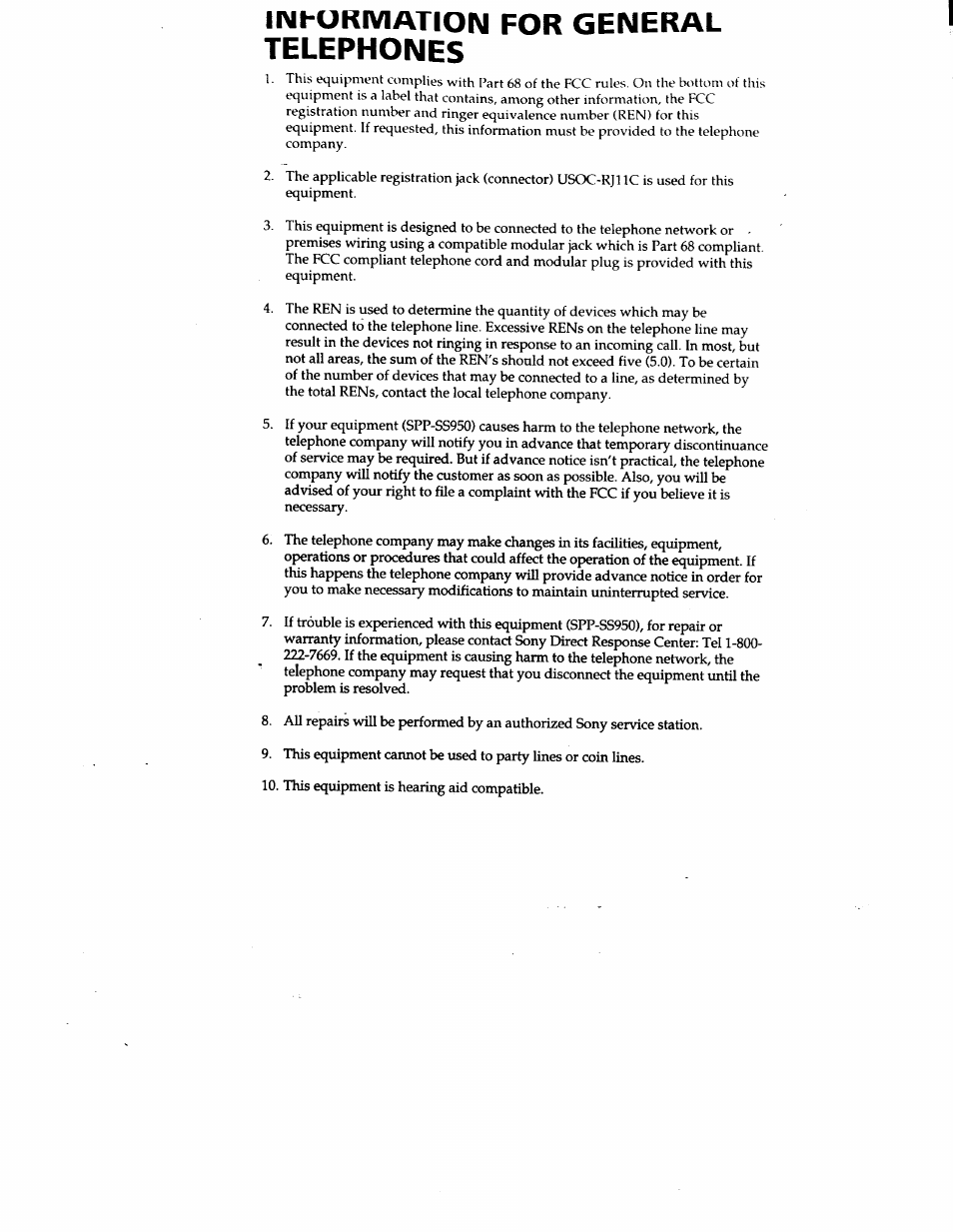 Telephones, Inhukmation for general telephones | Sony SPP-SS950 User Manual | Page 6 / 16