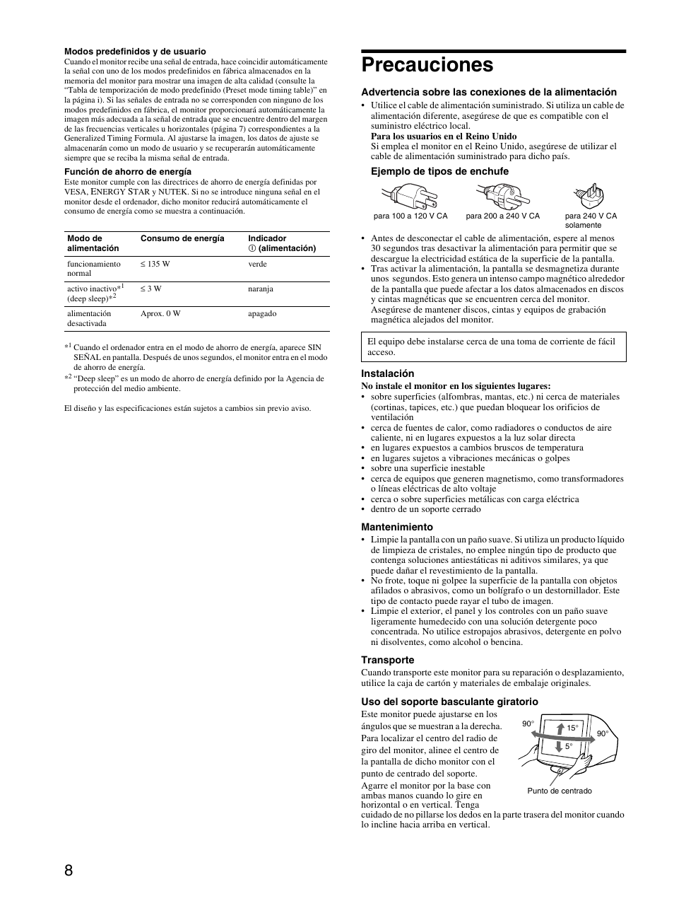 Precauciones | Sony CPD-E530 User Manual | Page 26 / 52