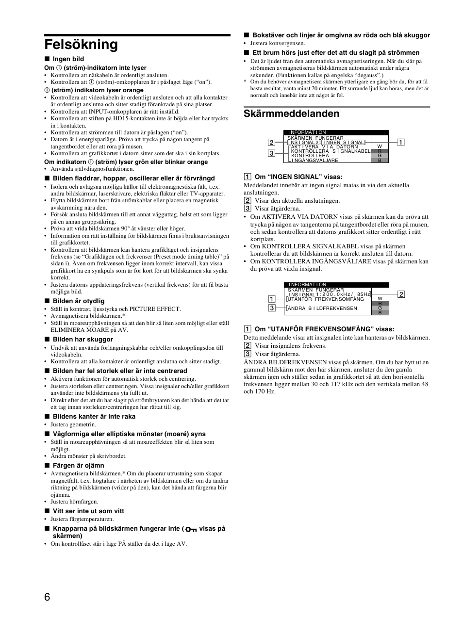Felsökning, Skärmmeddelanden | Sony CPD-E530 User Manual | Page 42 / 52