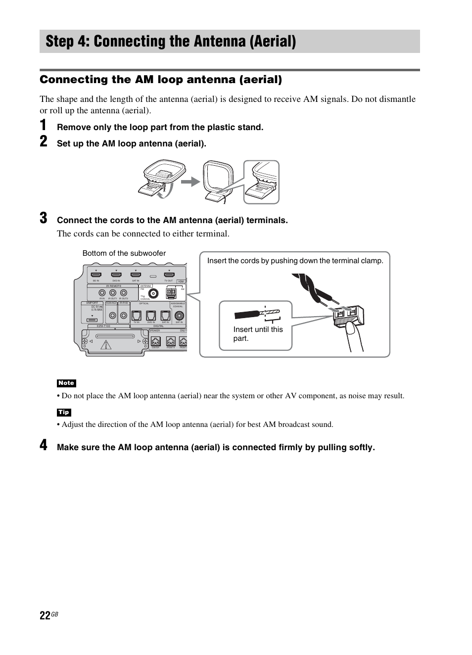 Step 4: connecting the antenna (aerial), Connecting the am loop antenna (aerial), The cords can be connected to either terminal | Remove only the loop part from the plastic stand, Set up the am loop antenna (aerial) | Sony 3-299-270-21(2) User Manual | Page 22 / 84