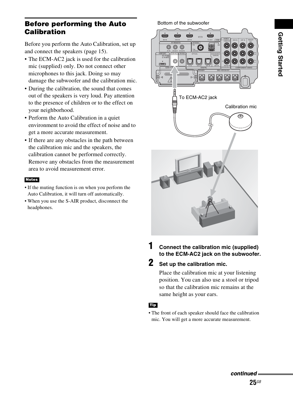 Before performing the auto calibration, Getting star ted, Set up the calibration mic | Continued | Sony 3-299-270-21(2) User Manual | Page 25 / 84