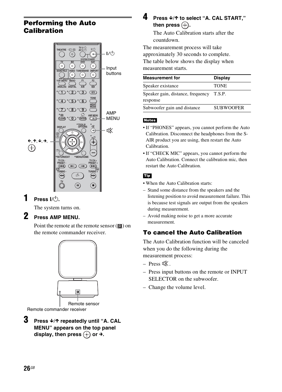 Performing the auto calibration, The system turns on, Press | Press amp menu | Sony 3-299-270-21(2) User Manual | Page 26 / 84