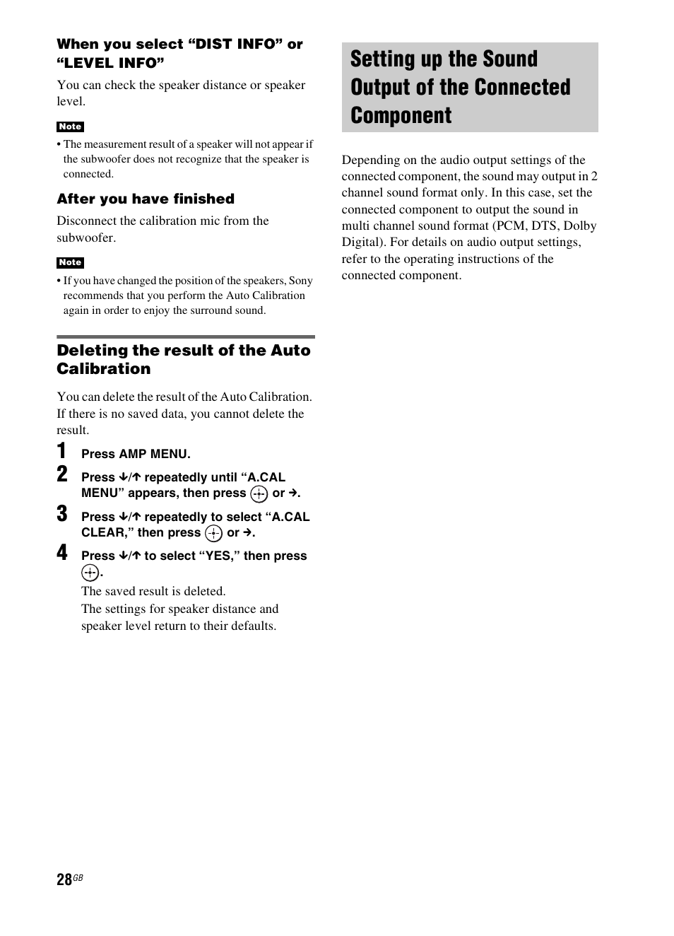 Setting up the sound output of the, Connected component | Sony 3-299-270-21(2) User Manual | Page 28 / 84