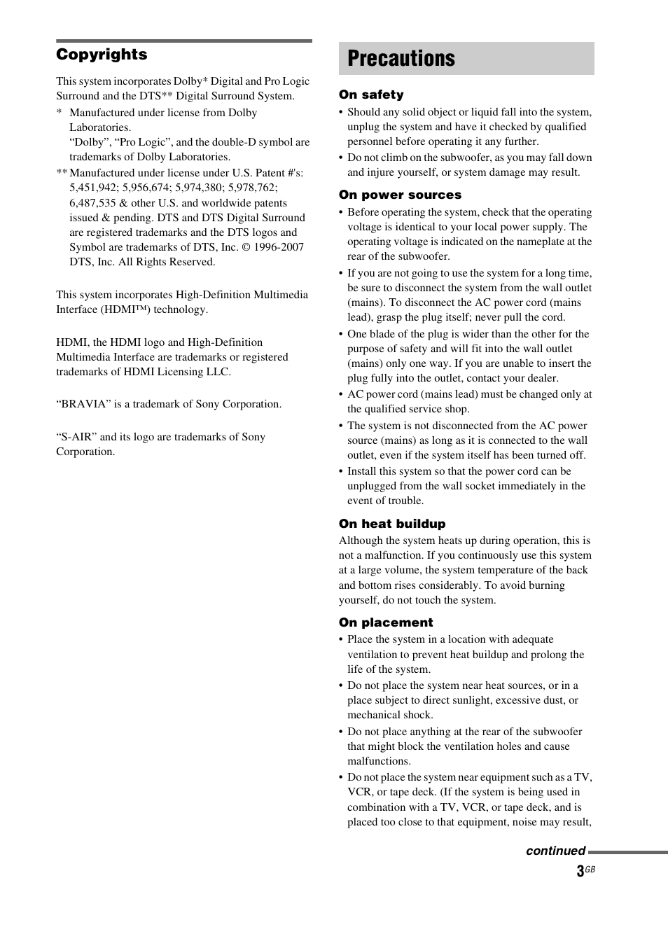 Precautions, Copyrights | Sony 3-299-270-21(2) User Manual | Page 3 / 84