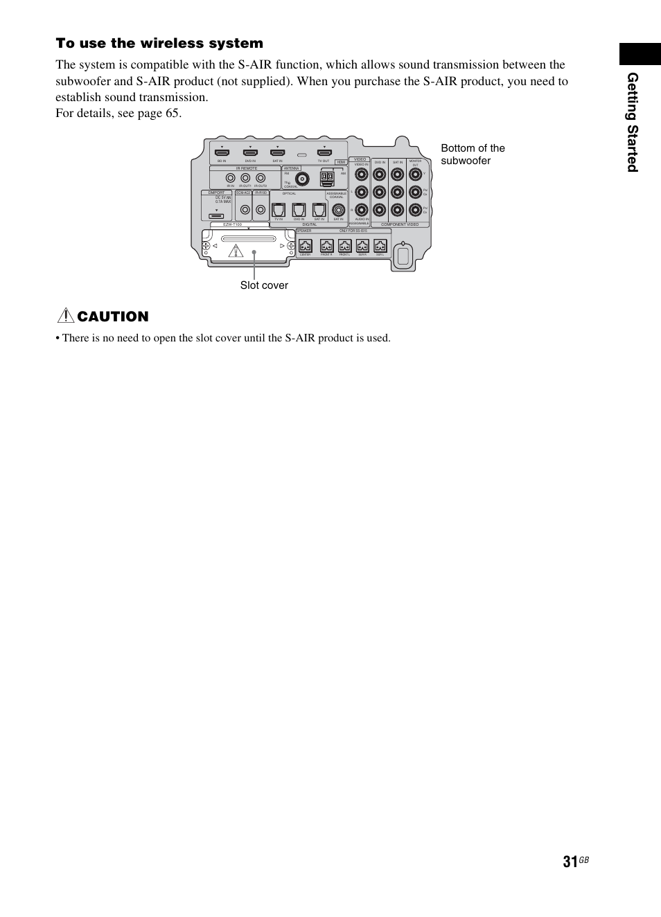 Getting star ted to use the wireless system, Caution, Slot cover bottom of the subwoofer | Sony 3-299-270-21(2) User Manual | Page 31 / 84