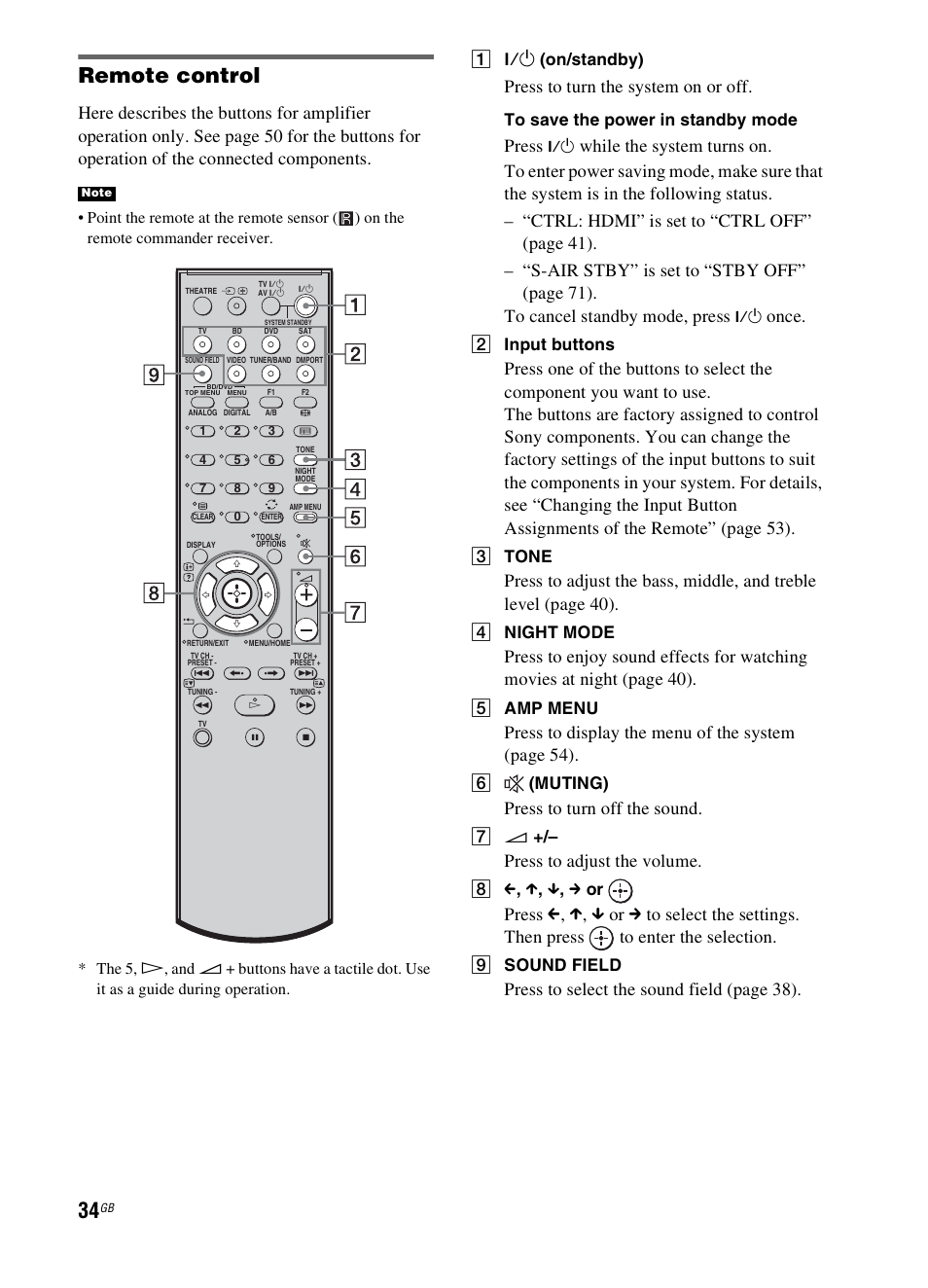 Remote control, Press to turn the system on or off, Press | Once, Press to display the menu of the system (page 54), Press to turn off the sound, Press to adjust the volume, Press to select the sound fiel d (page 38), A ?/1 (on/standby), B input buttons | Sony 3-299-270-21(2) User Manual | Page 34 / 84