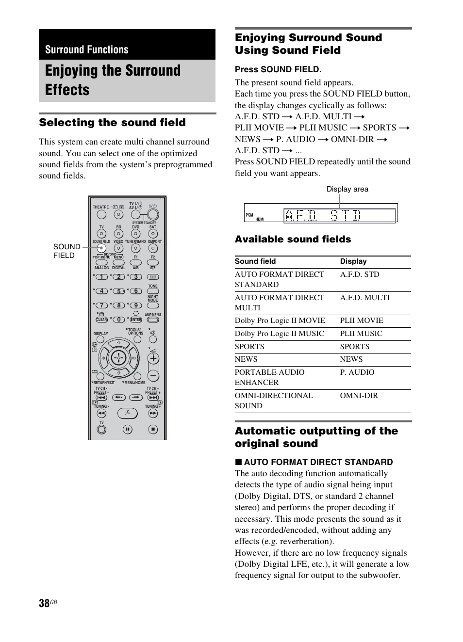Surround functions, Enjoying the surround effects, Selecting the sound field | Enjoying surround sound using sound field, Automatic outputting of the original sound, Available sound fields, Press sound field, X auto format direct standard | Sony 3-299-270-21(2) User Manual | Page 38 / 84