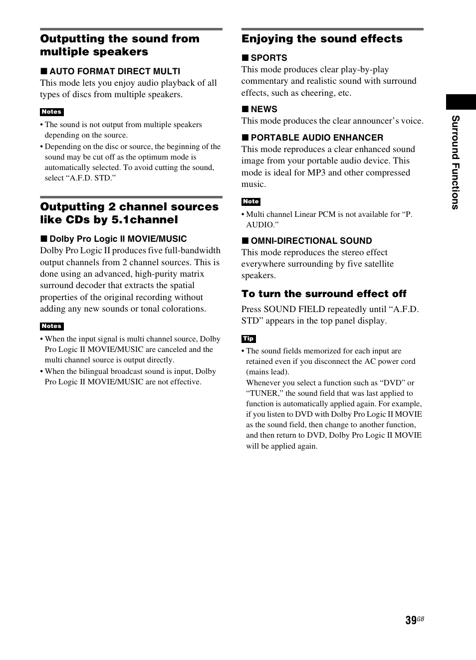 Outputting the sound from multiple speakers, Enjoying the sound effects | Sony 3-299-270-21(2) User Manual | Page 39 / 84