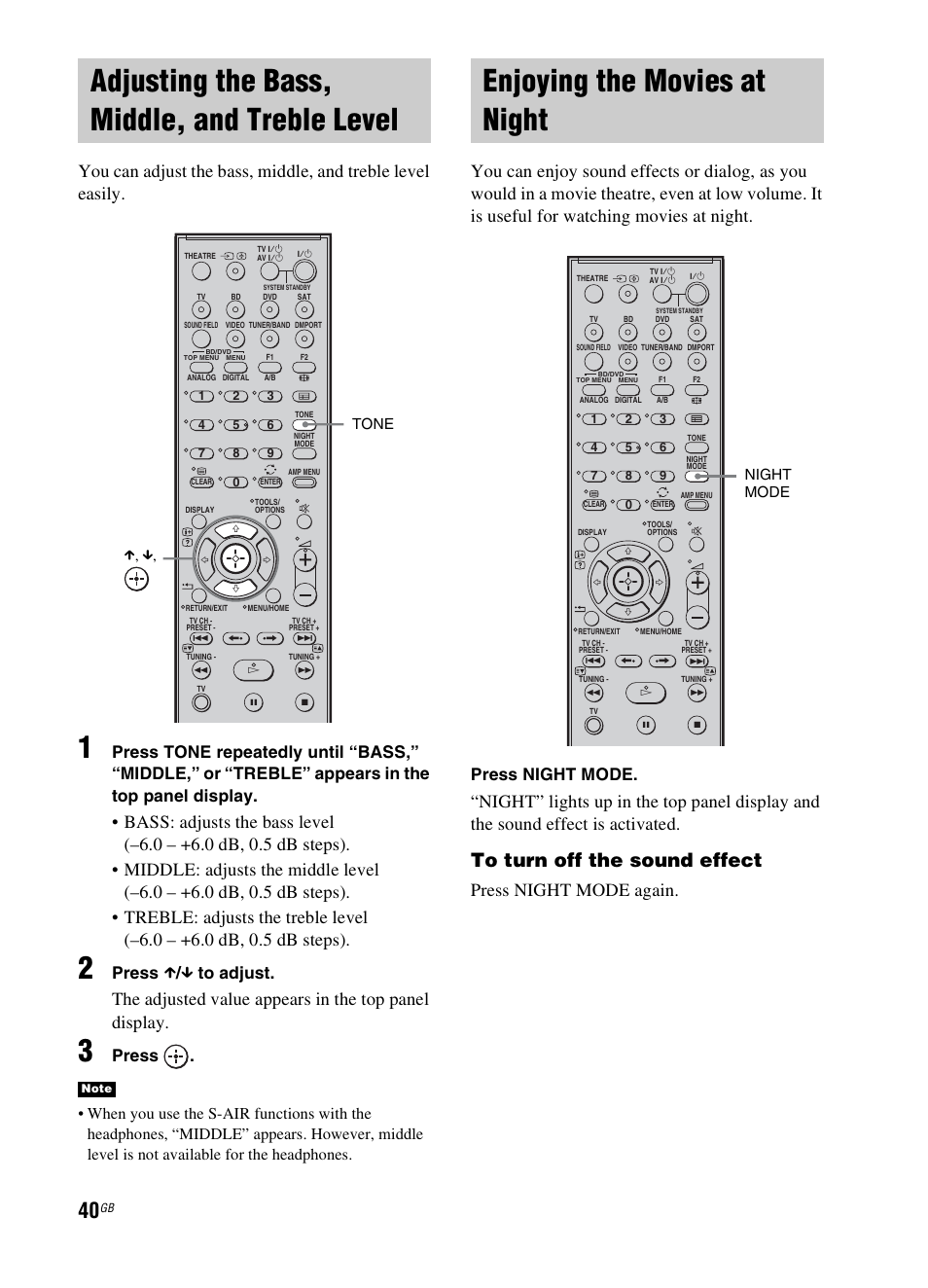 Adjusting the bass, middle, and treble level, Enjoying the movies at night, Adjusting the bass, middle, and treble | Level, Press night mode again, Press x / x to adjust, Press, Press night mode, Tone x, x, Night mode | Sony 3-299-270-21(2) User Manual | Page 40 / 84